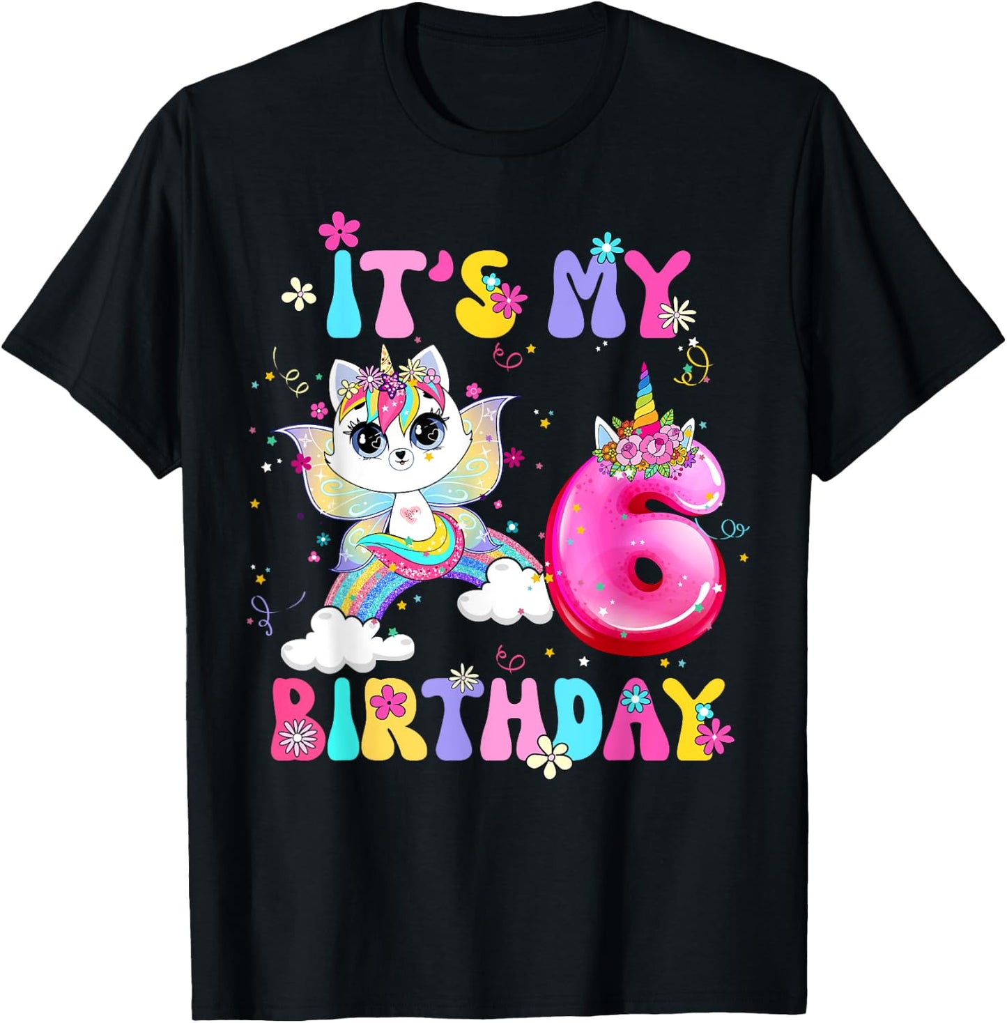 Kids 6th Birthday Cat Unicorn 6 Years Old Rainbow Girl Teens T-Shirt - T-Shirt | Black