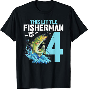 Boys Fishing Birthday Shirt 4 Year Old Boy Fisherman Kids T-Shirt - T-Shirt | Black