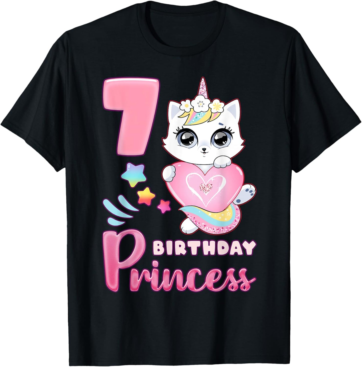 Girl, 7th birthday, unicorn cat, number 7 T-Shirt - T-Shirt | Black