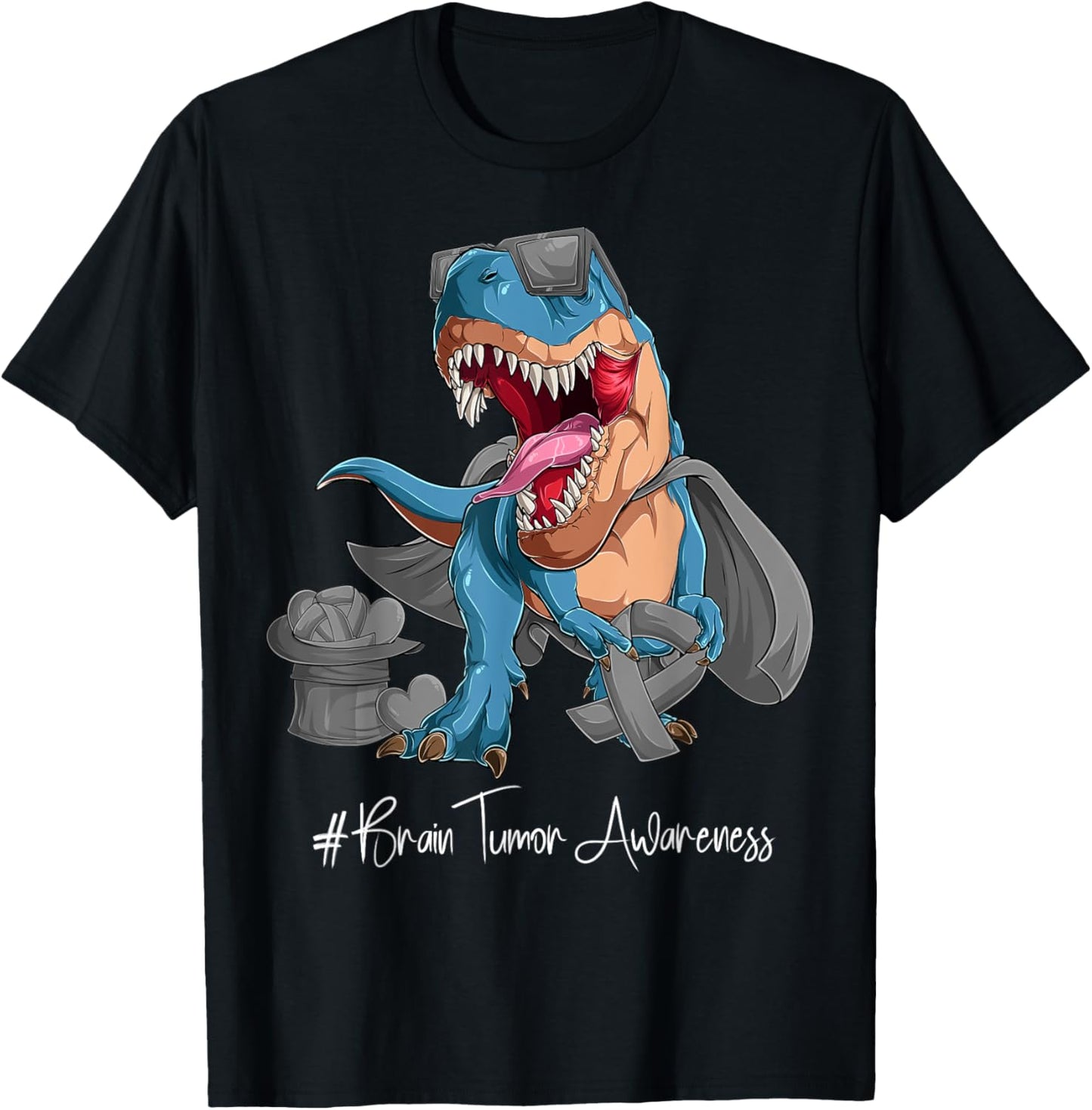 Brain Tumor Awareness Month Gray Ribbon Trex T-Shirt - T-Shirt | Black