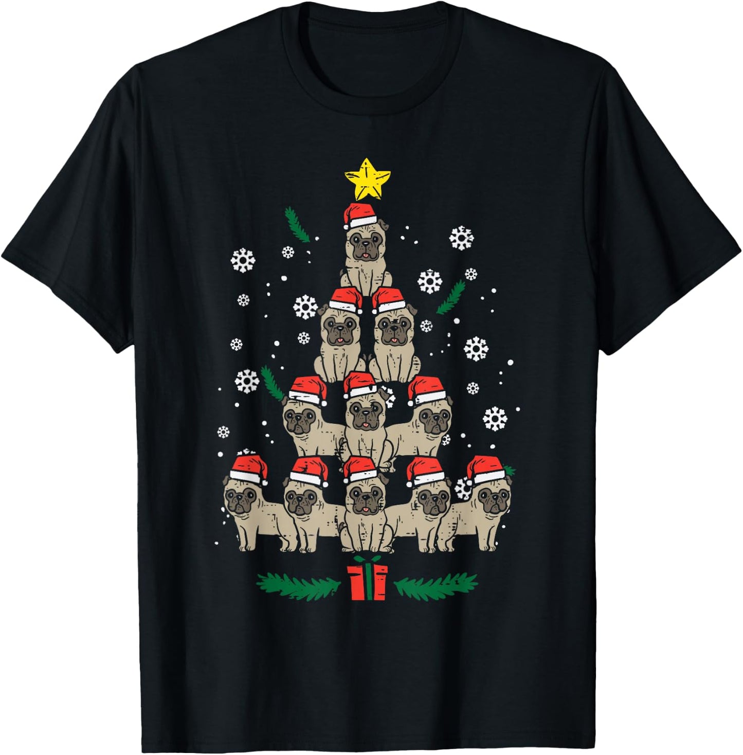 Pug Christmas Tree Dog Xmas Men Women Kids T-Shirt - T-Shirt | Black