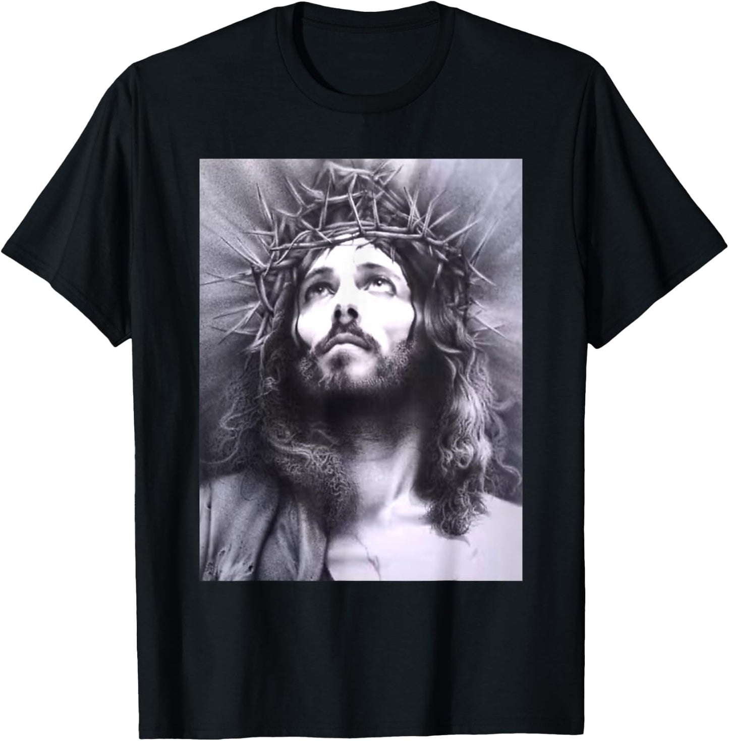 Image Face of Jesus On A Cross with Crown of Thorns T-Shirt - T-Shirt | Black