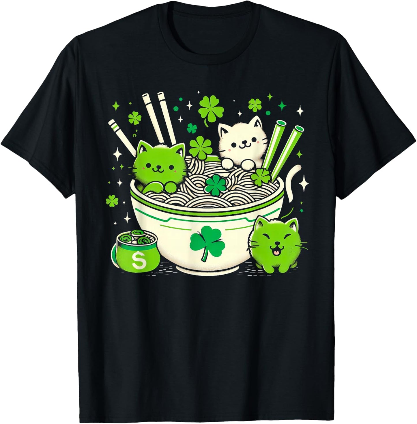 Irish Ramen Cats Cute Anime St Patrick's Day Women Girls T-Shirt - T-Shirt | Black