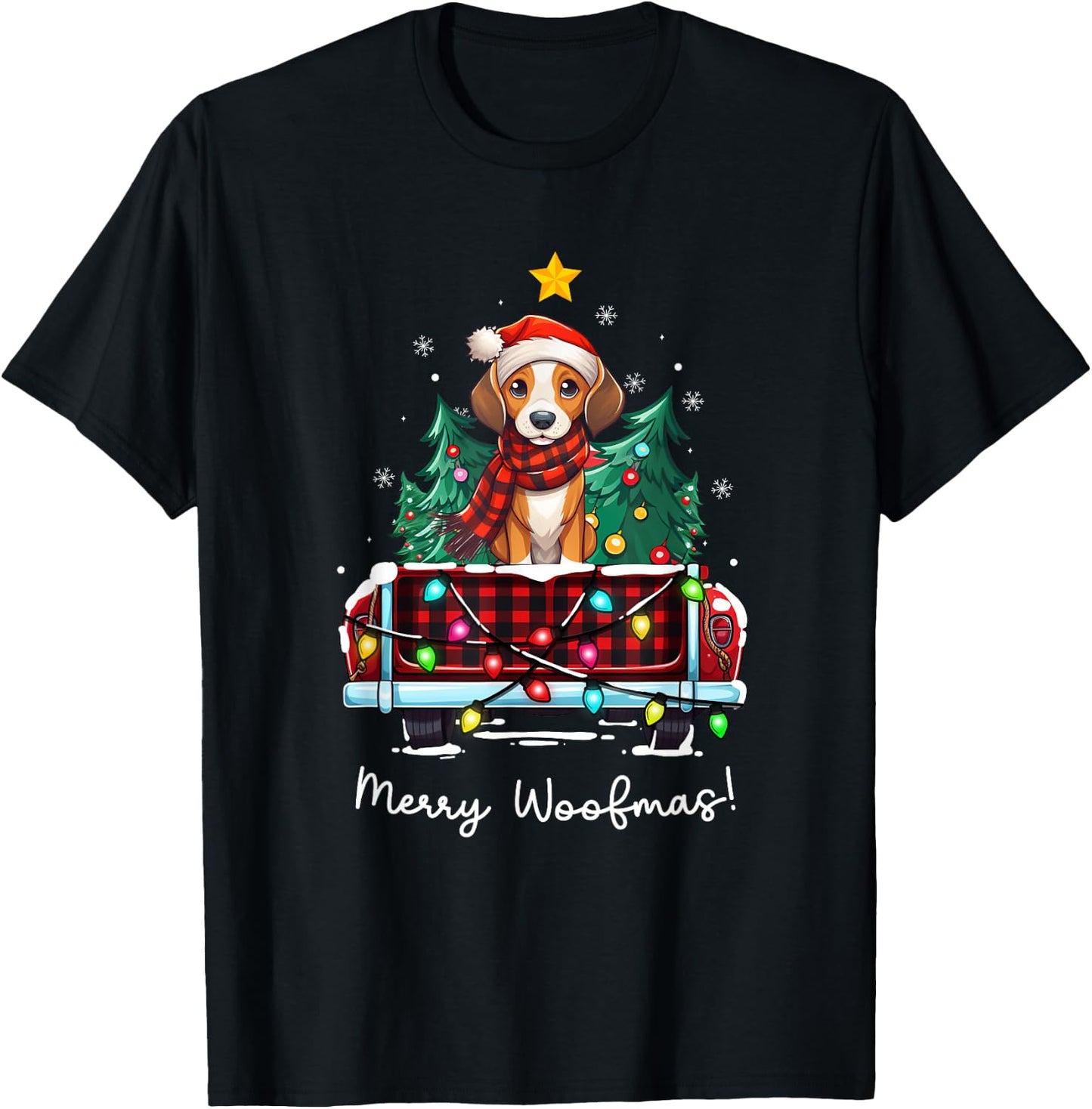 American Foxhound Christmas Dog Truck Plaid Funny Xmas Tree T-Shirt - T-Shirt | Black