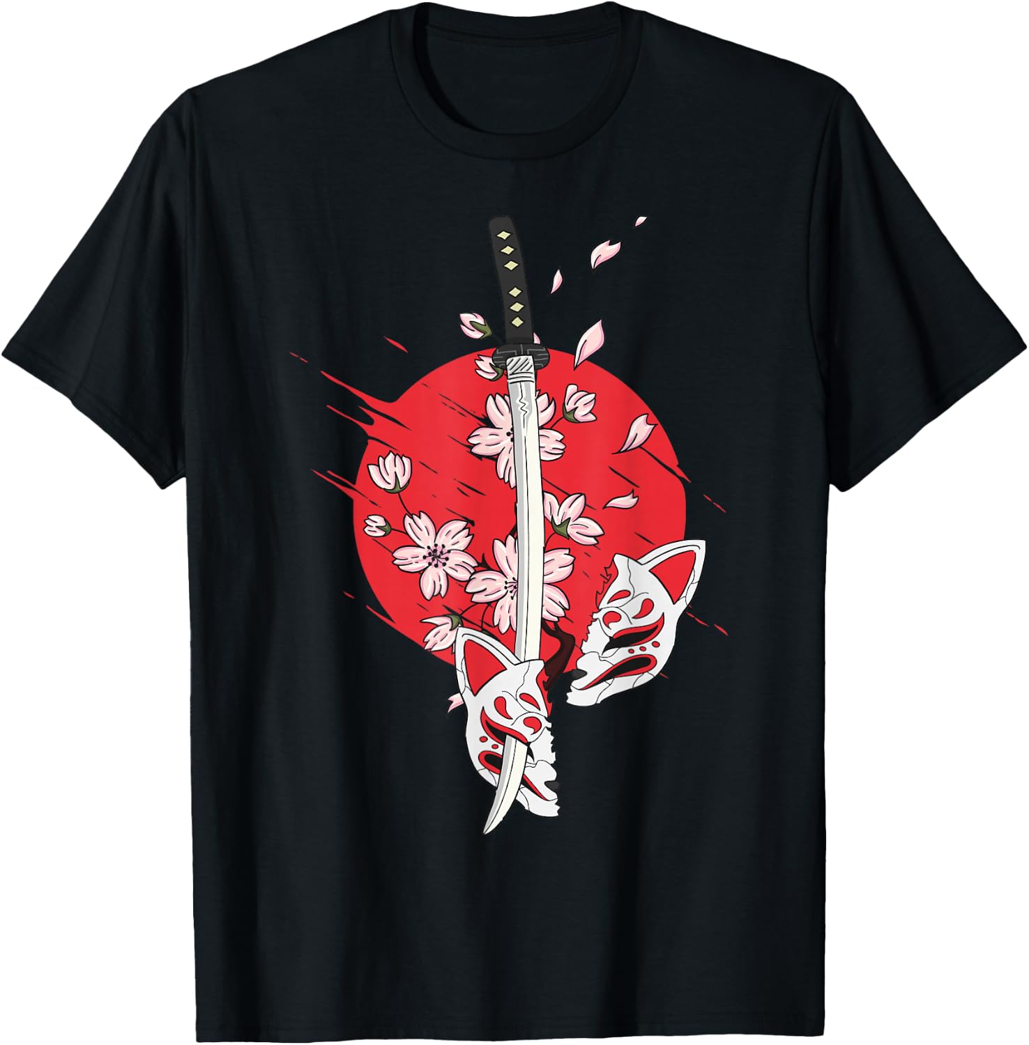 Kitsune Mask Nine-Tailed Cherry Blossom Flowers Katana T-Shirt - T-Shirt | Black
