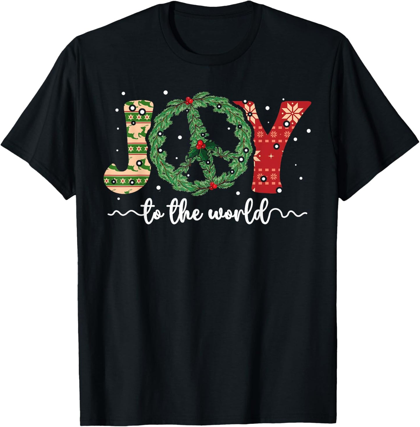Joy to the World Peace Sign Christmas Retro 70s 80s Hippie T-Shirt - T-Shirt | Black