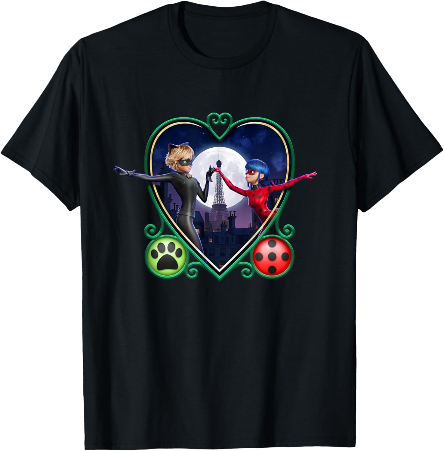 Miraculous Ladybug and Cat Noir The Movie Heart T-Shirt - T-Shirt | Black