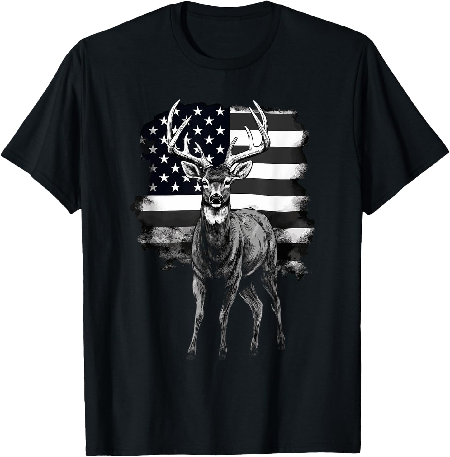Whitetail Buck Deer Hunting US Flag Patriotic Hunter Women Men T-Shirt - T-Shirt | Black