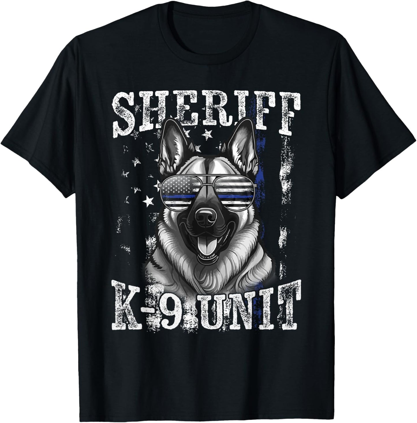 Blue Line American Flag German Shepherd Dog Sheriff K-9 Unit T-Shirt - T-Shirt | Black