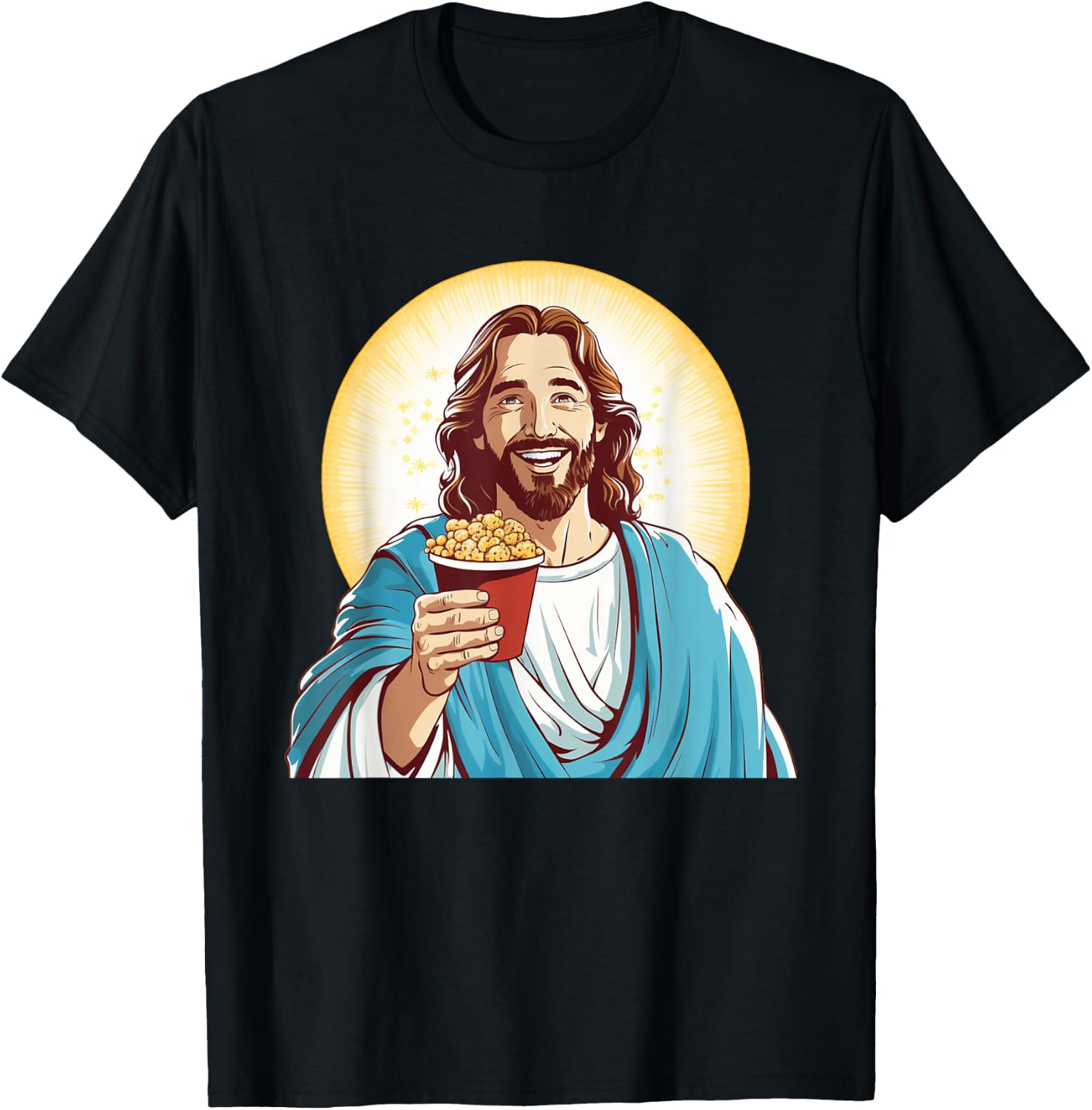 Funny Movie Night with Jesus and Popcorn Box Costume T-Shirt - T-Shirt | Black