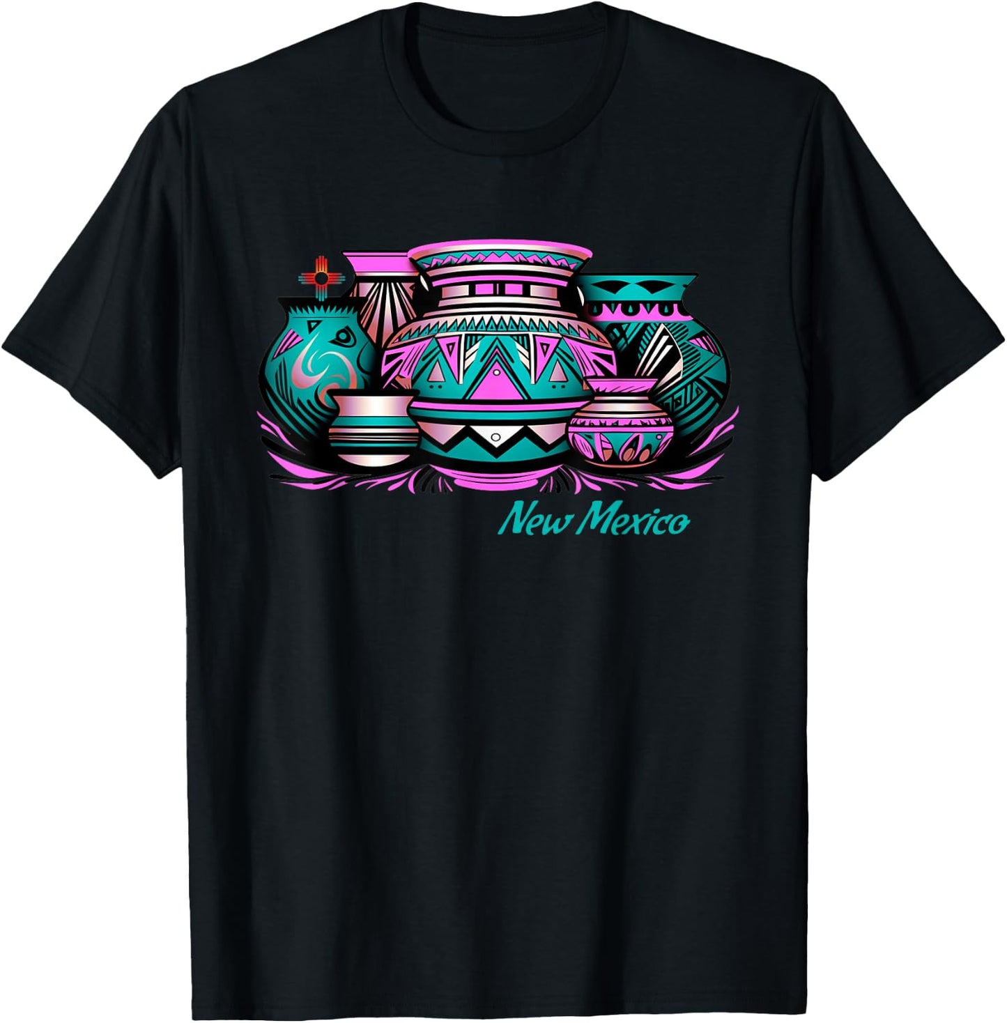 New Mexico Retro: Native Pottery & Zia Symbol Graphic T-Shirt - T-Shirt | Black