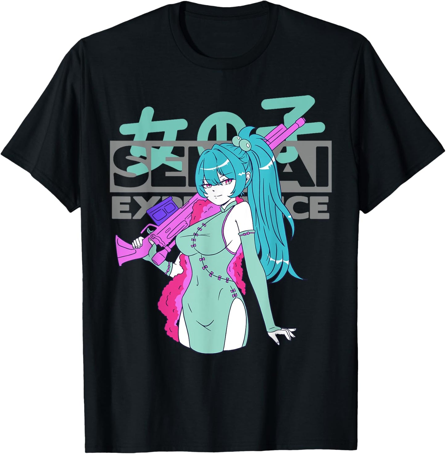 Sexy Waifu Anime Girl with Sniper Rifle and Blue Hair Senpai T-Shirt - T-Shirt | Black