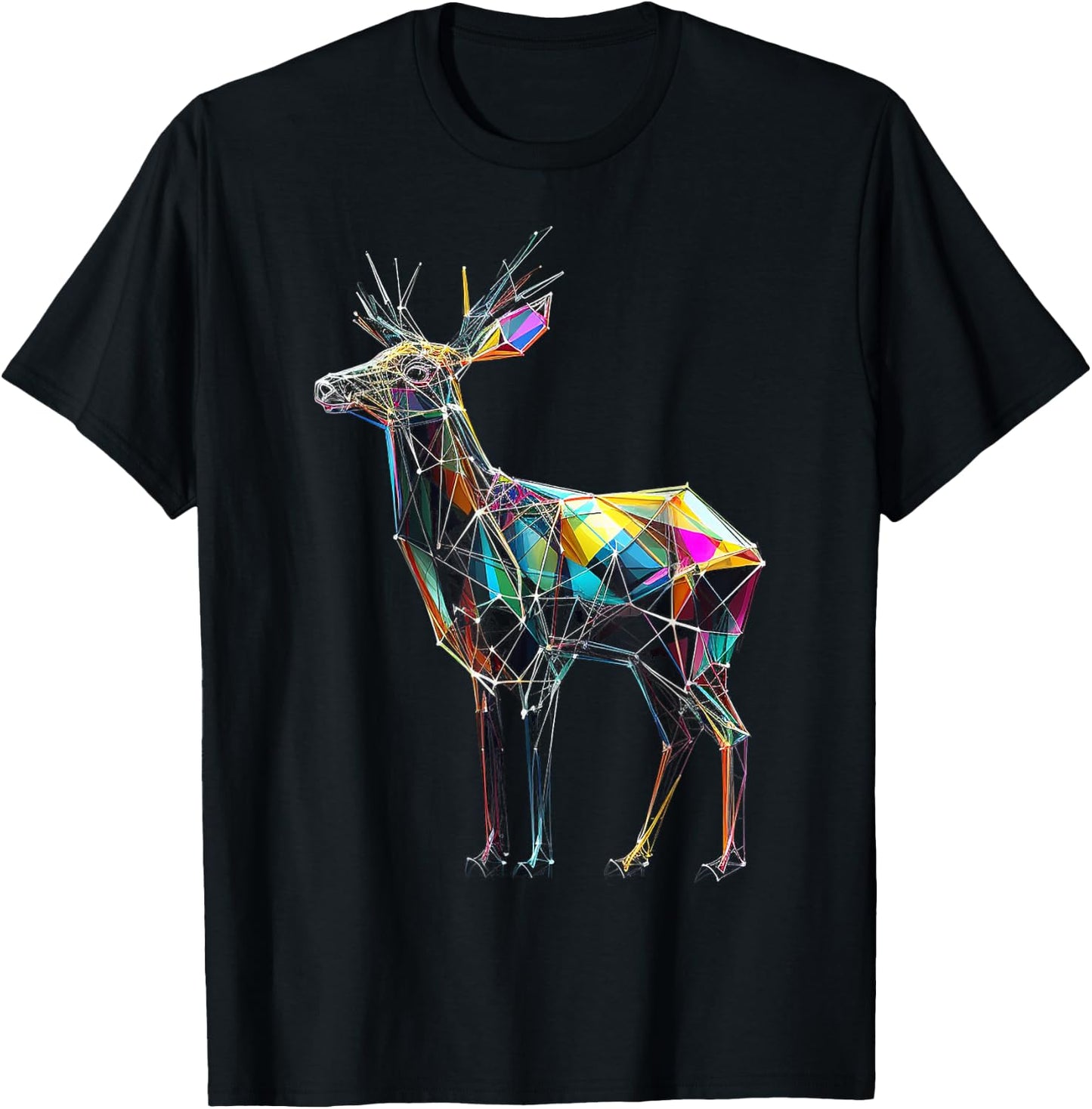 Deer Polygon Artwork | Geometric Colorful Animal Motif Deer T-Shirt - T-Shirt | Black