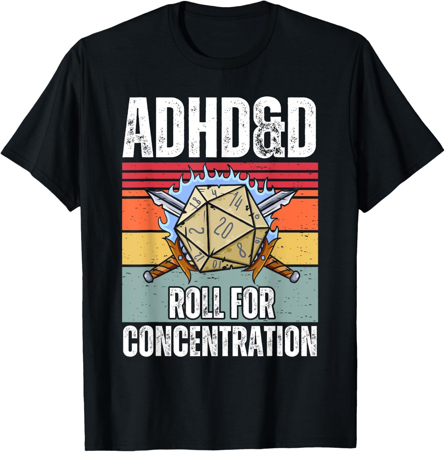 Retro Vintage ADHD&D Roll For Concentration Funny Gamer T-Shirt - T-Shirt | Black