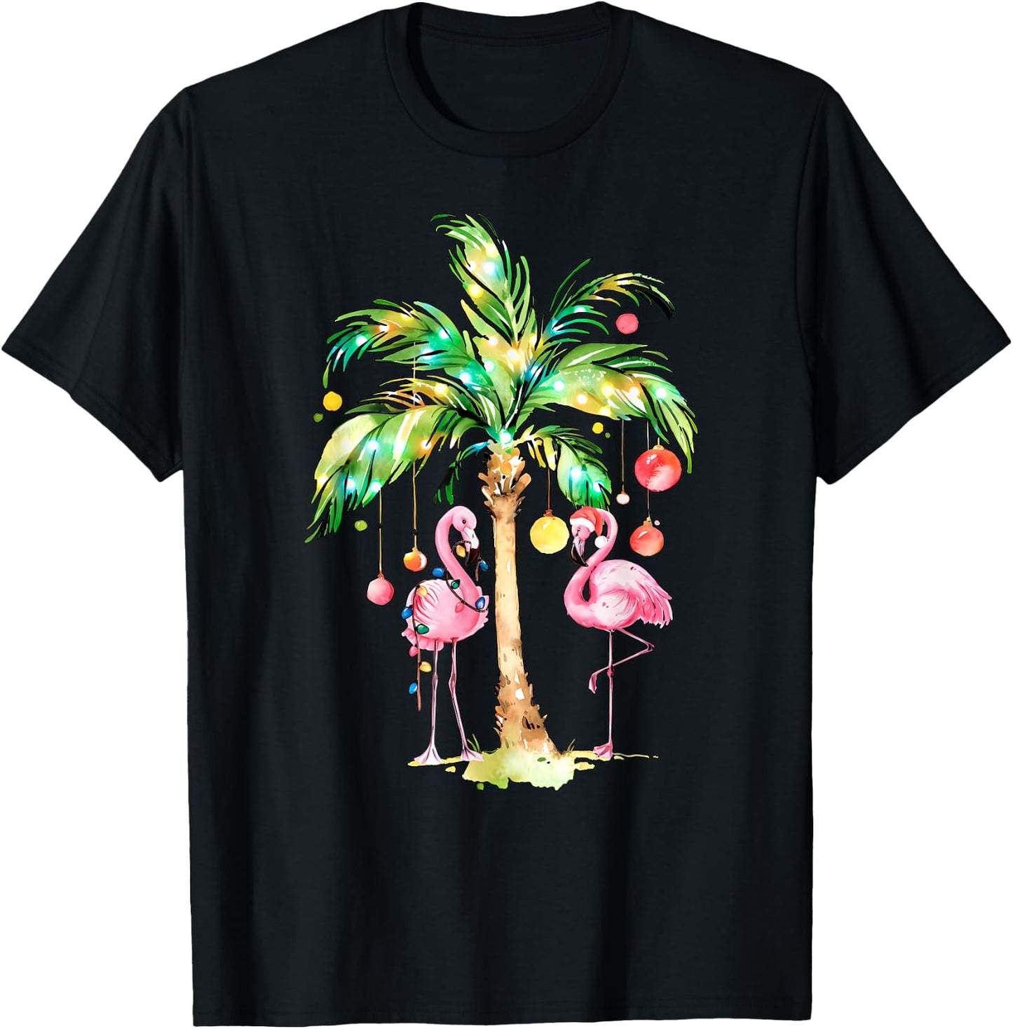 Pink Flamingo Christmas Palm Tree Tropical Xmas Holiday T-Shirt - T-Shirt | Black