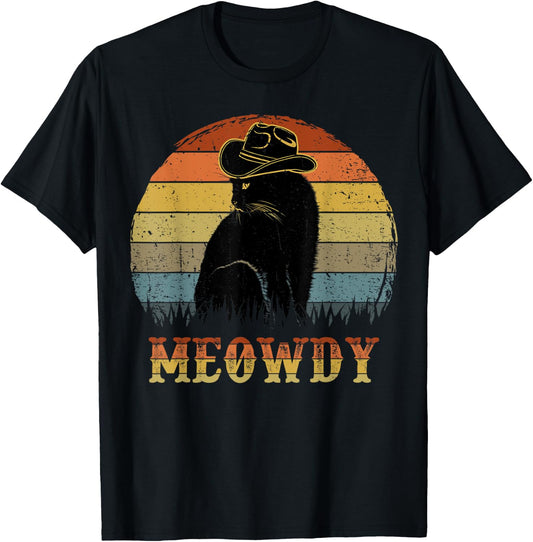 Meowdy Western Cowboy Cat-Shirt Men Women Funny Black Cat T-Shirt - T-Shirt | Black