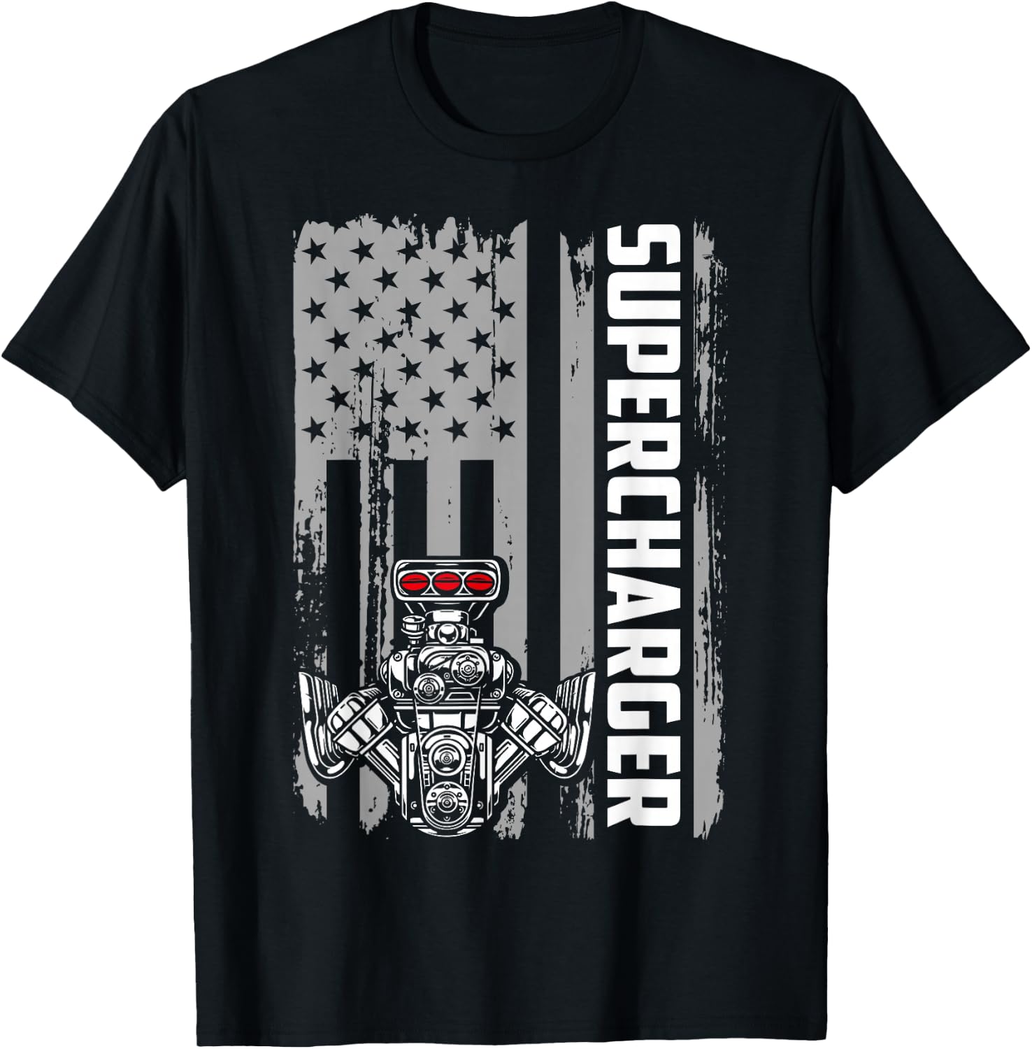 Supercharger Engine American Flag Muscle Car Racing Car Guy T-Shirt - T-Shirt | Black