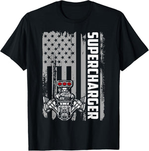 Supercharger Engine American Flag Muscle Car Racing Car Guy T-Shirt - T-Shirt | Black
