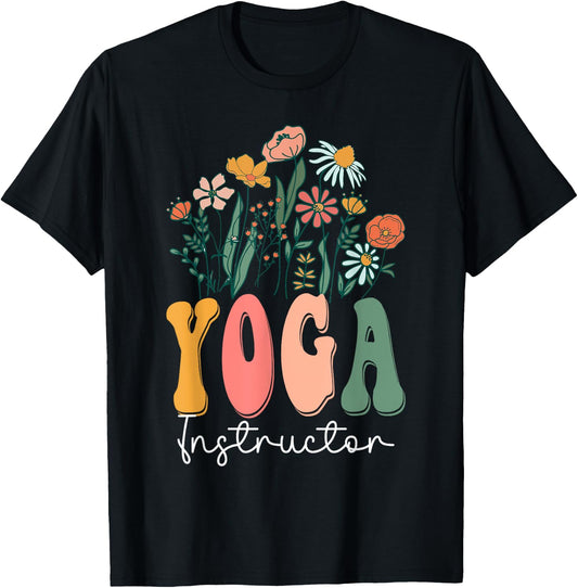 Retro Groovy floral Yoga Instructor Wildflower For T-Shirt - T-Shirt | Black