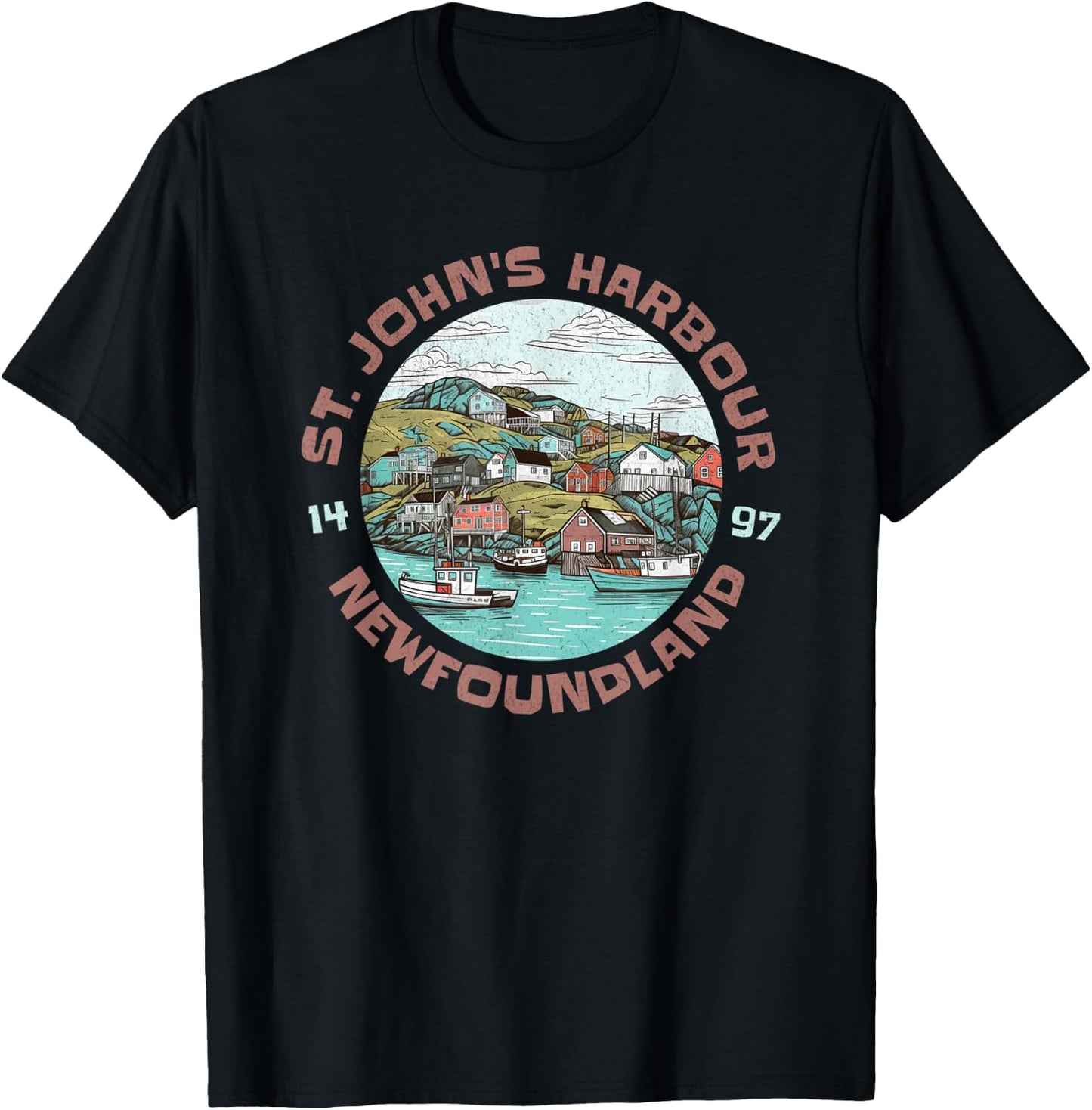 St. John's Harbour Fishing Village Est 1497 Newfoundland T-Shirt - T-Shirt | Black