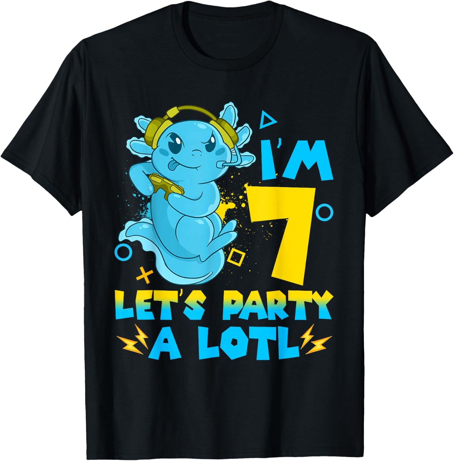 7th Birthday cute Axolotl 7 Year Old Boys Girls Video Gamer T-Shirt - T-Shirt | Black