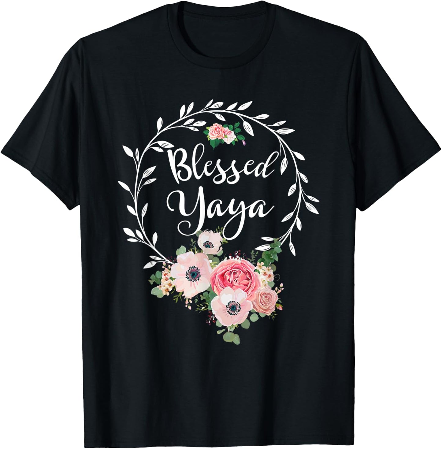 Blessed Yaya Shirt Flower Decor Grandma T-Shirt - T-Shirt | Black