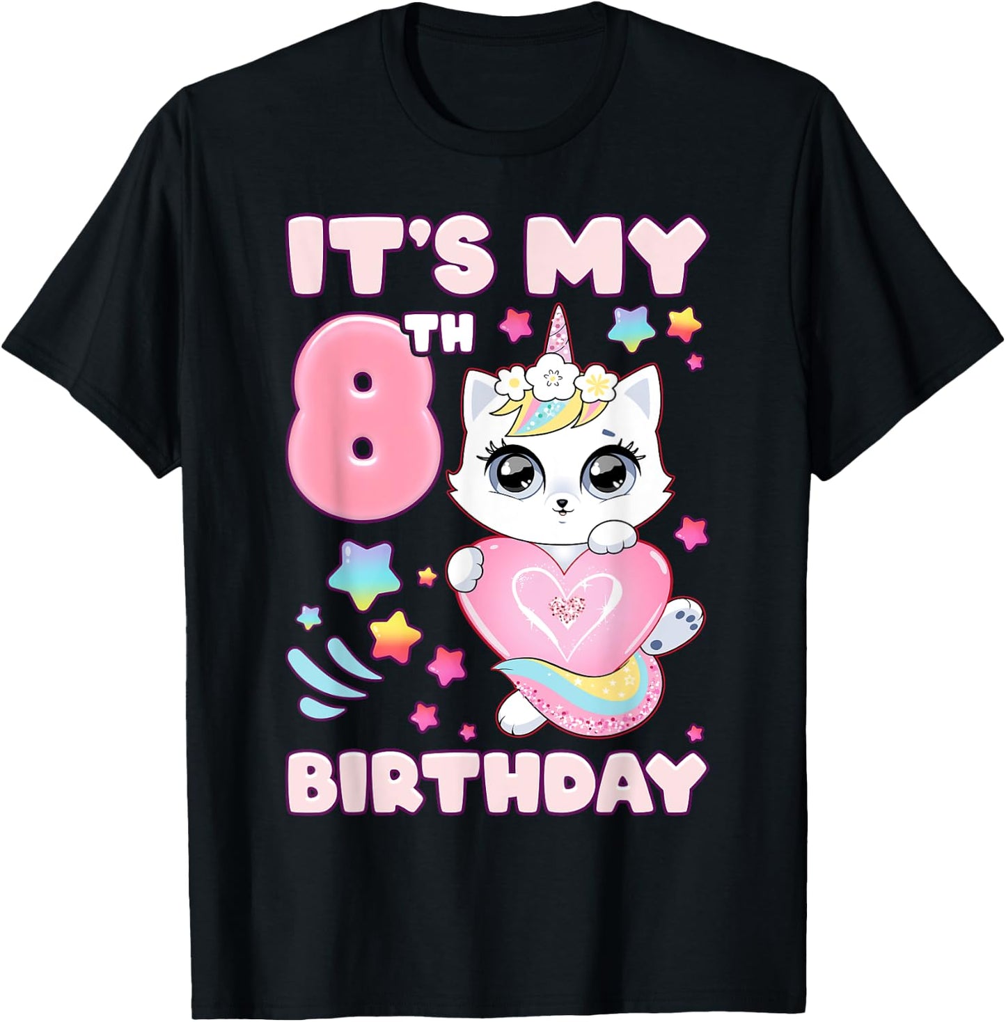 Birthday girl 8 years old cat unicorn 8th birthday T-Shirt - T-Shirt | Black