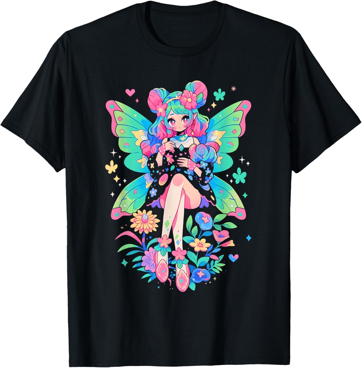Anime Manga Girl | Kawaii Fairycore Fairy Kei Decora Kei T-Shirt - T-Shirt | Black