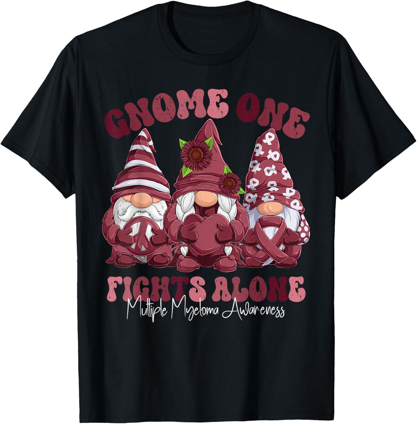 Multiple Myeloma Awareness Month Burgundy Ribbon Gnomies T-Shirt - T-Shirt | Black