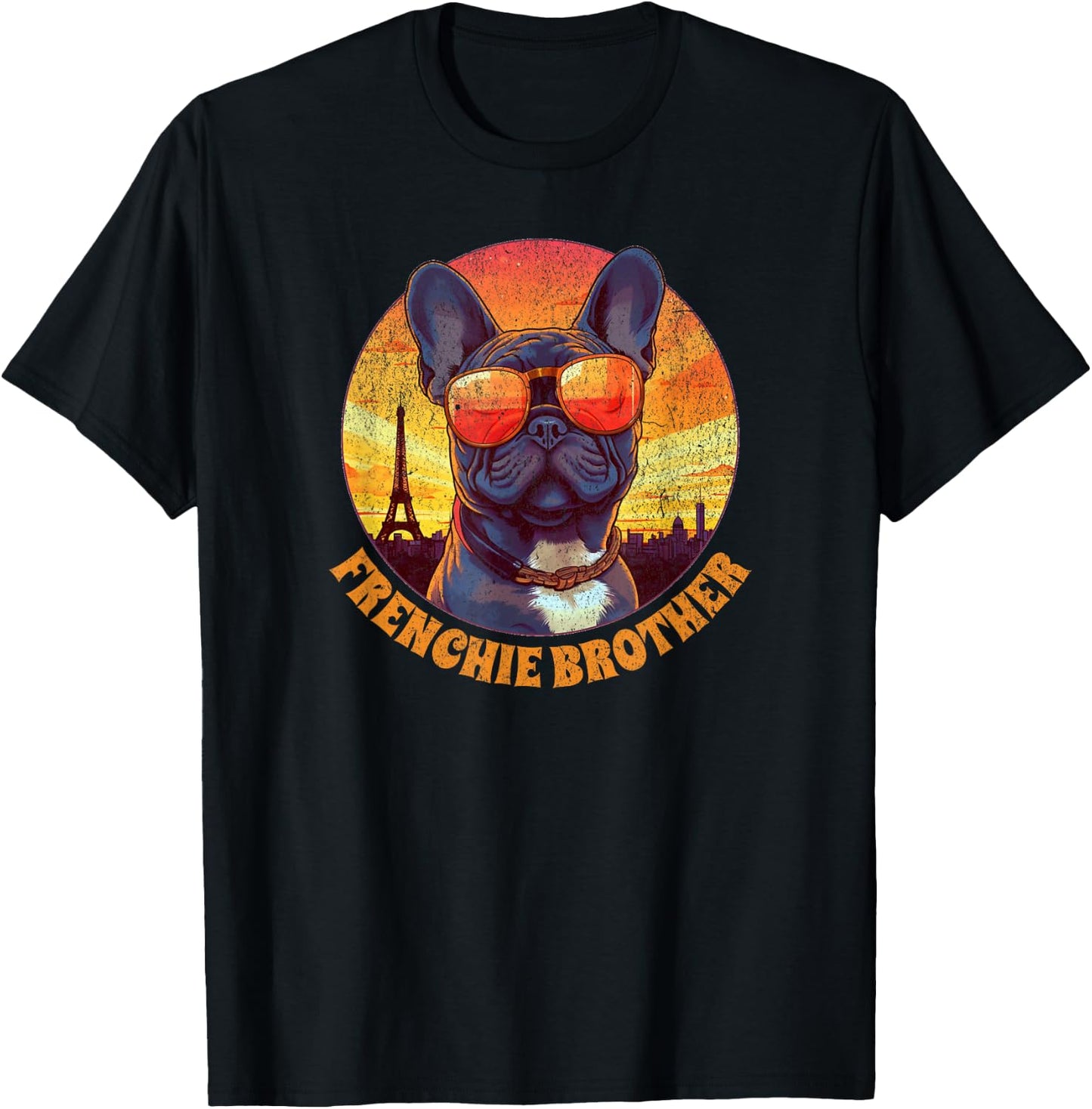 Frenchie Brother French Bulldog in Paris Vintage Sunset Men Kids T-Shirt - T-Shirt | Black
