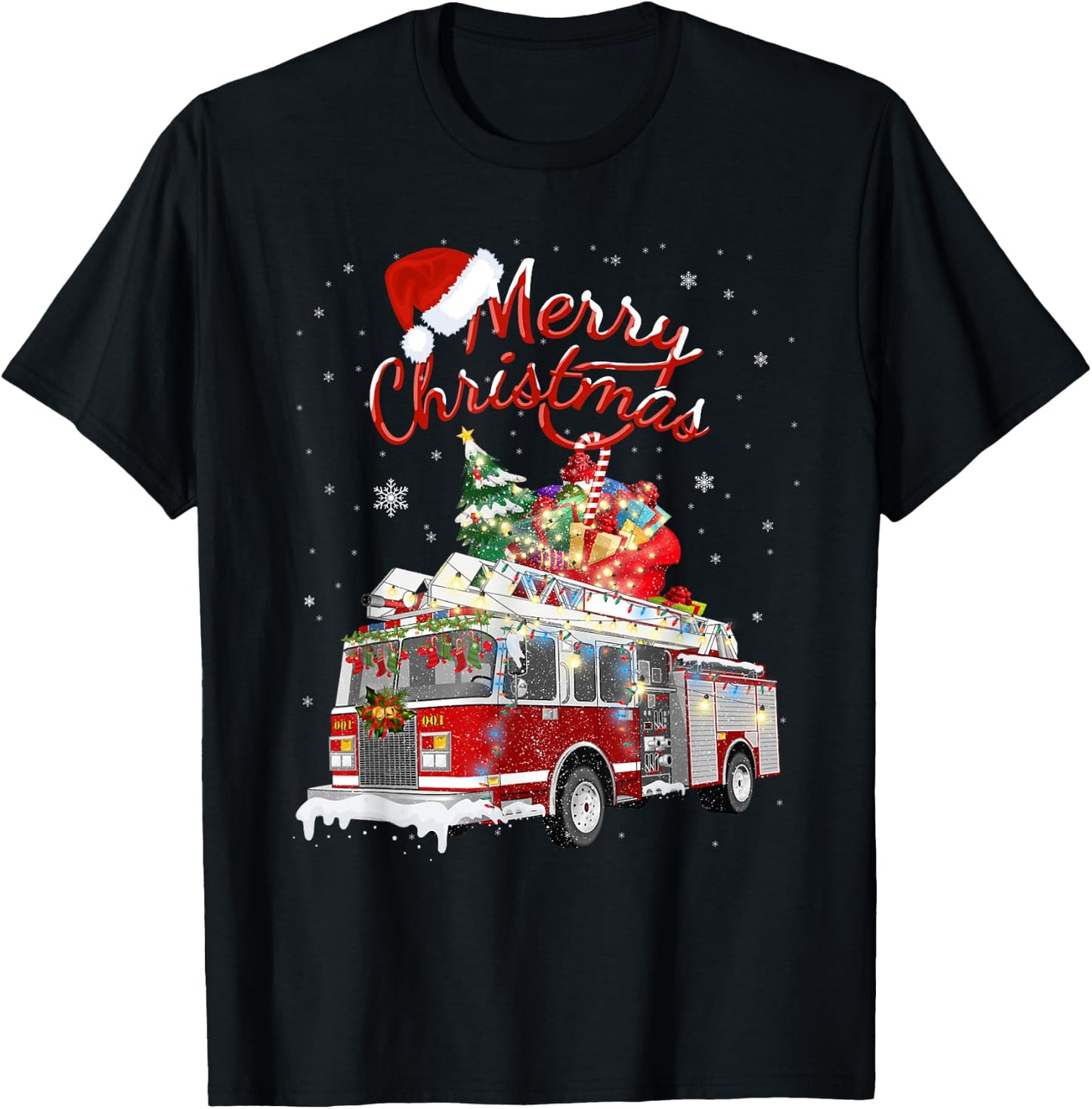 Firetruck Santa Sleigh Fireman Christmas Firefighter Xmas T-Shirt - T-Shirt | Black