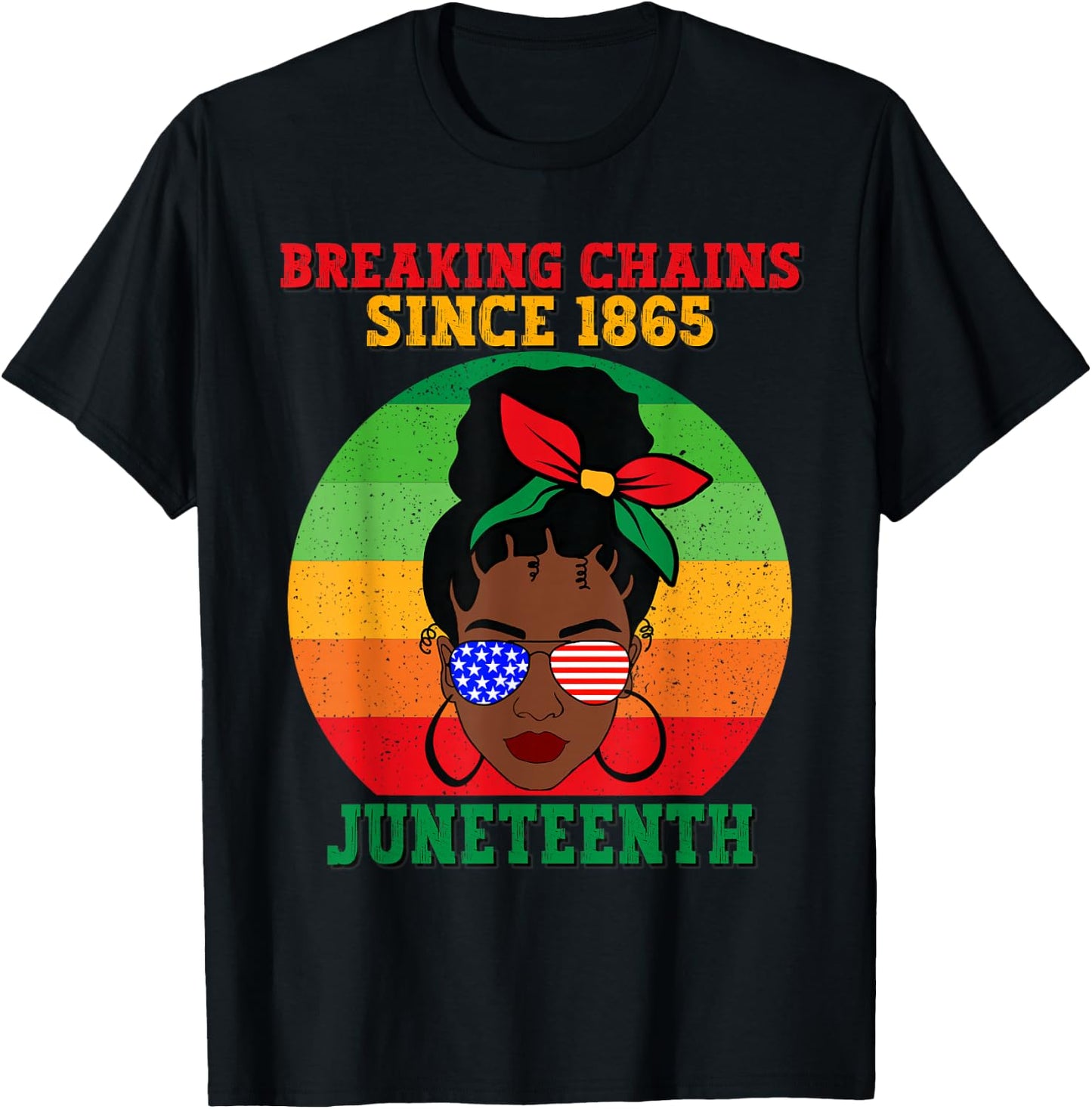 Messy Bun Juneteenth Breaking Chains Bandana Afro Sunglasses T-Shirt - T-Shirt | Black