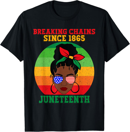 Messy Bun Juneteenth Breaking Chains Bandana Afro Sunglasses T-Shirt - T-Shirt | Black