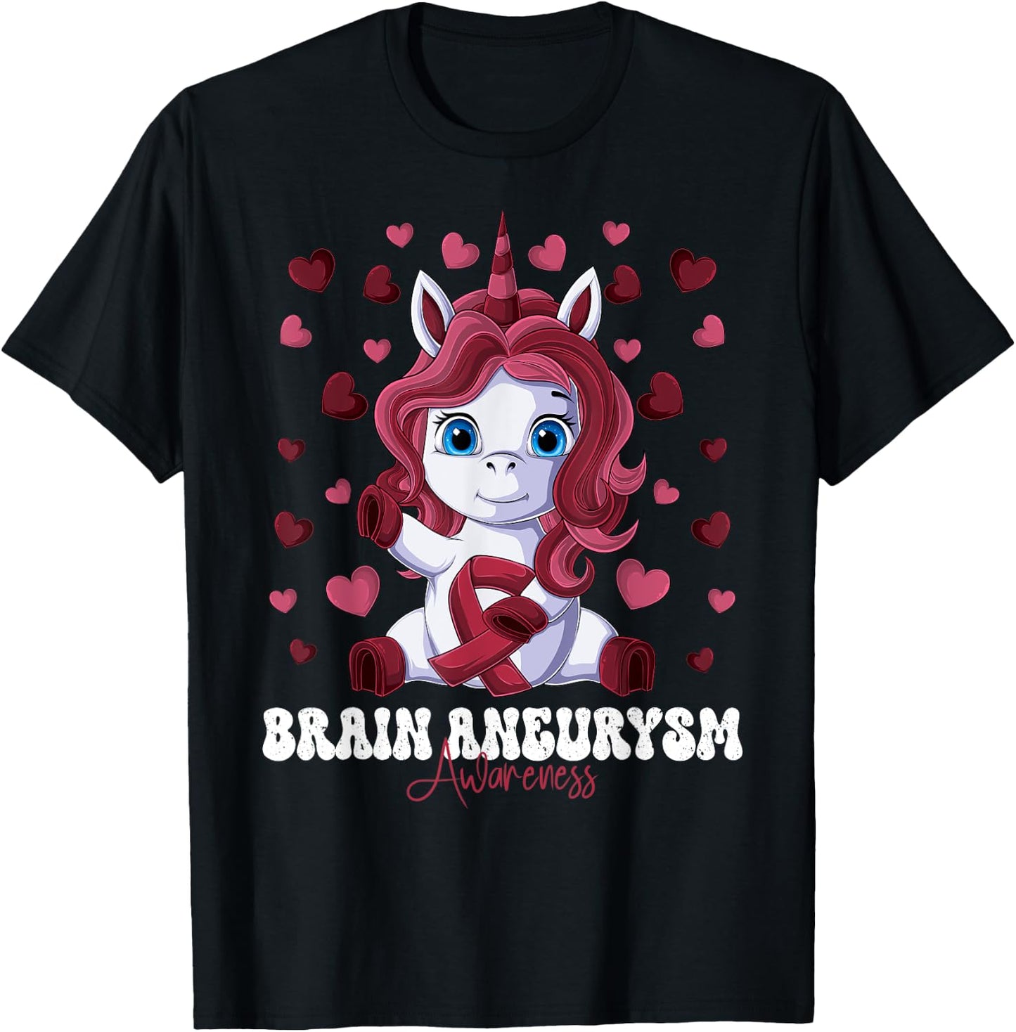 Brain Aneurysm Awareness Month Burgundy Ribbon Unicorn T-Shirt - T-Shirt | Black