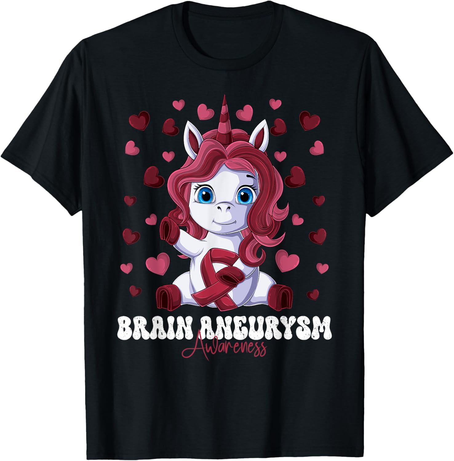 Brain Aneurysm Awareness Month Burgundy Ribbon Unicorn T-Shirt - T-Shirt | Black