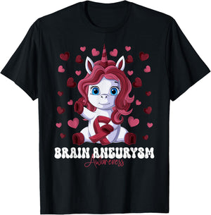 Brain Aneurysm Awareness Month Burgundy Ribbon Unicorn T-Shirt - T-Shirt | Black