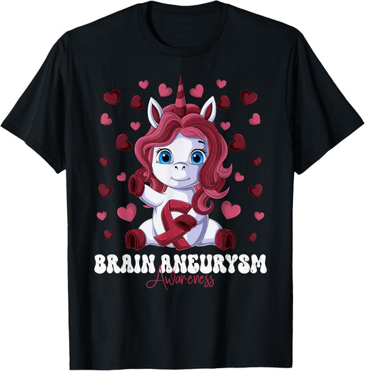 Brain Aneurysm Awareness Month Burgundy Ribbon Unicorn T-Shirt - T-Shirt | Black