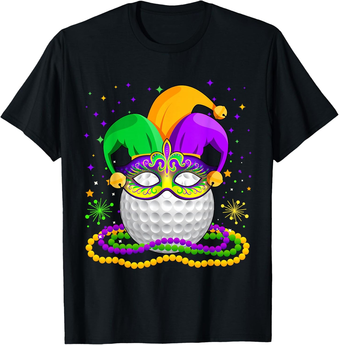 Golf Wearing Jester Hat Masked Beads Mardi Gras Player T-Shirt - T-Shirt | Black