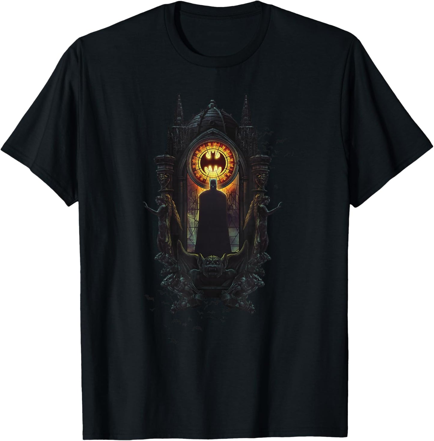 WB100 DC Comics Batman Stained Glass Dark Knight Silhouette T-Shirt - T-Shirt | Black