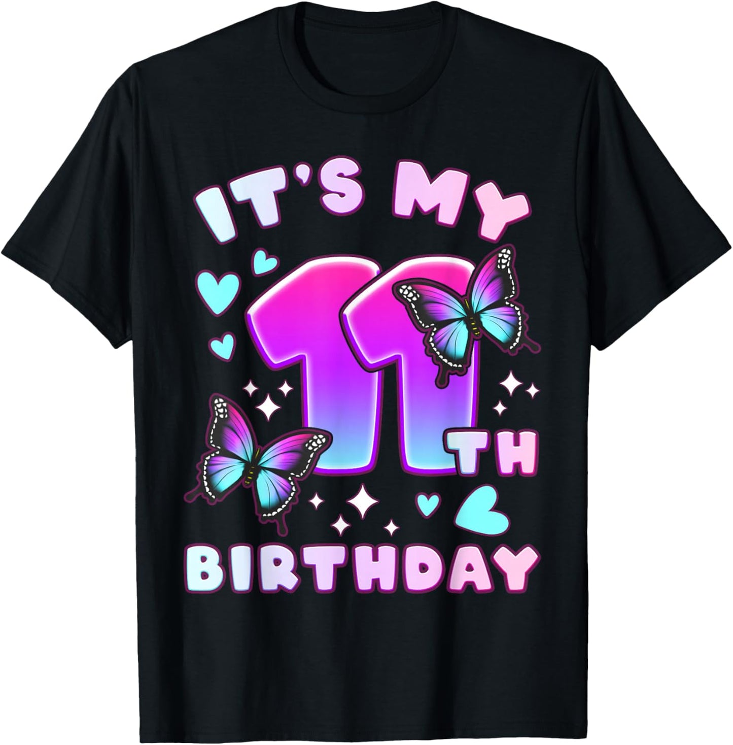 11th Birthday, Girl 11 Years, Butterflies and Number 11 T-Shirt - T-Shirt | Black