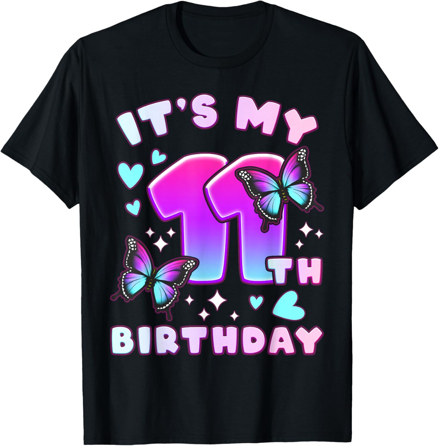 11th Birthday, Girl 11 Years, Butterflies and Number 11 T-Shirt - T-Shirt | Black