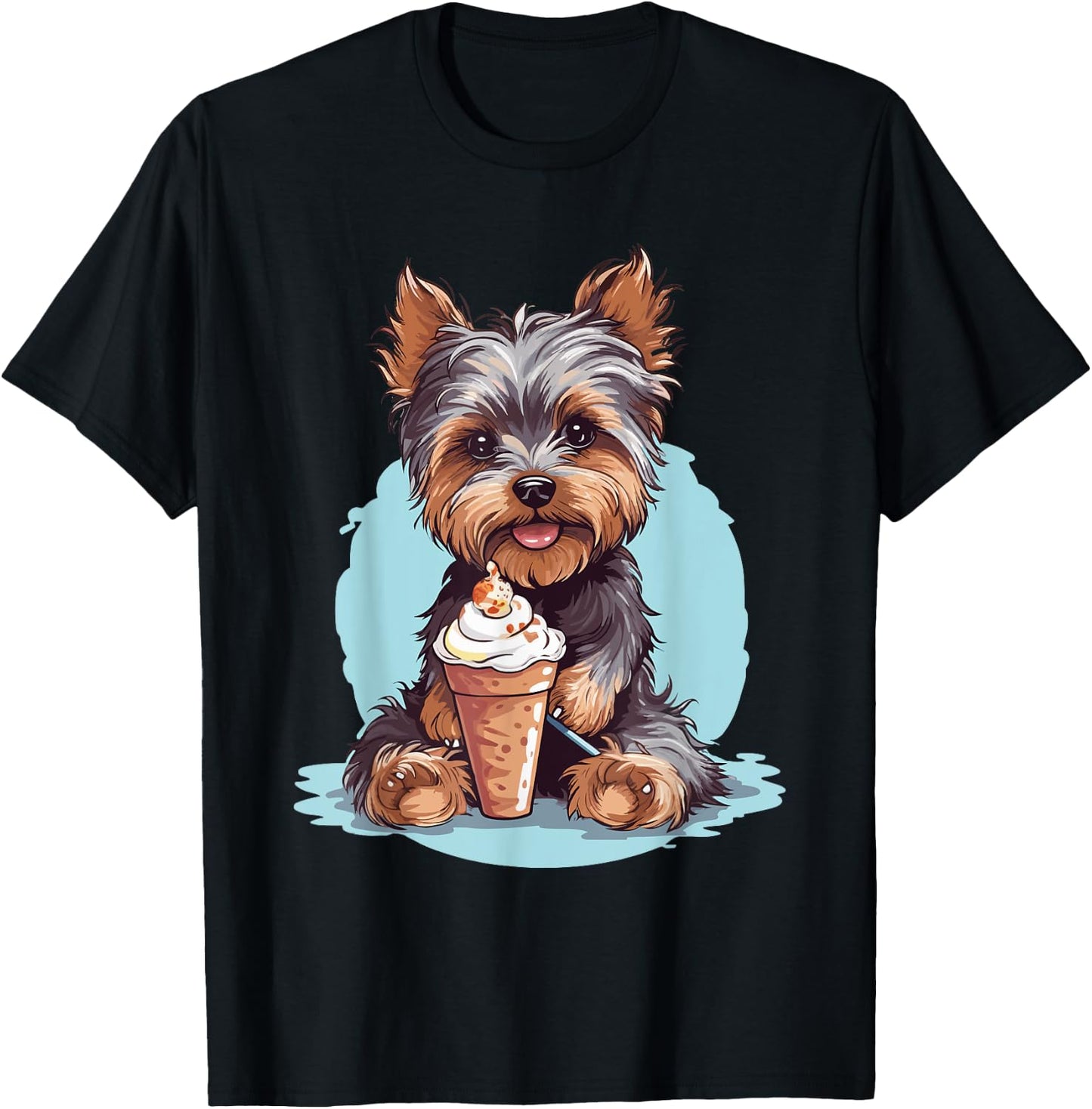 Yorkie Dog Anime Eating Ice Cream Summer Cute T-Shirt - T-Shirt | Black