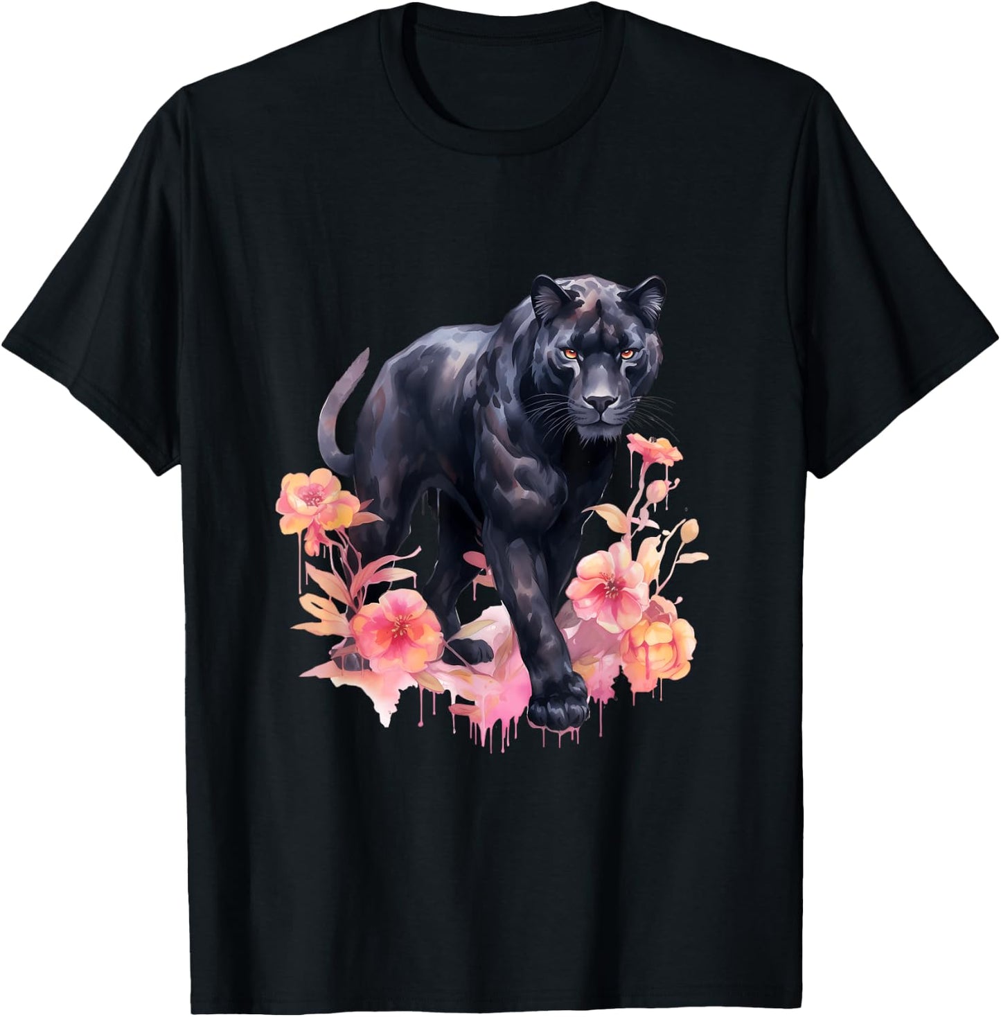 Black Panther Cat Pastel Flowers Safari Watercolor Men Women Kids T-Shirt - T-Shirt | Black