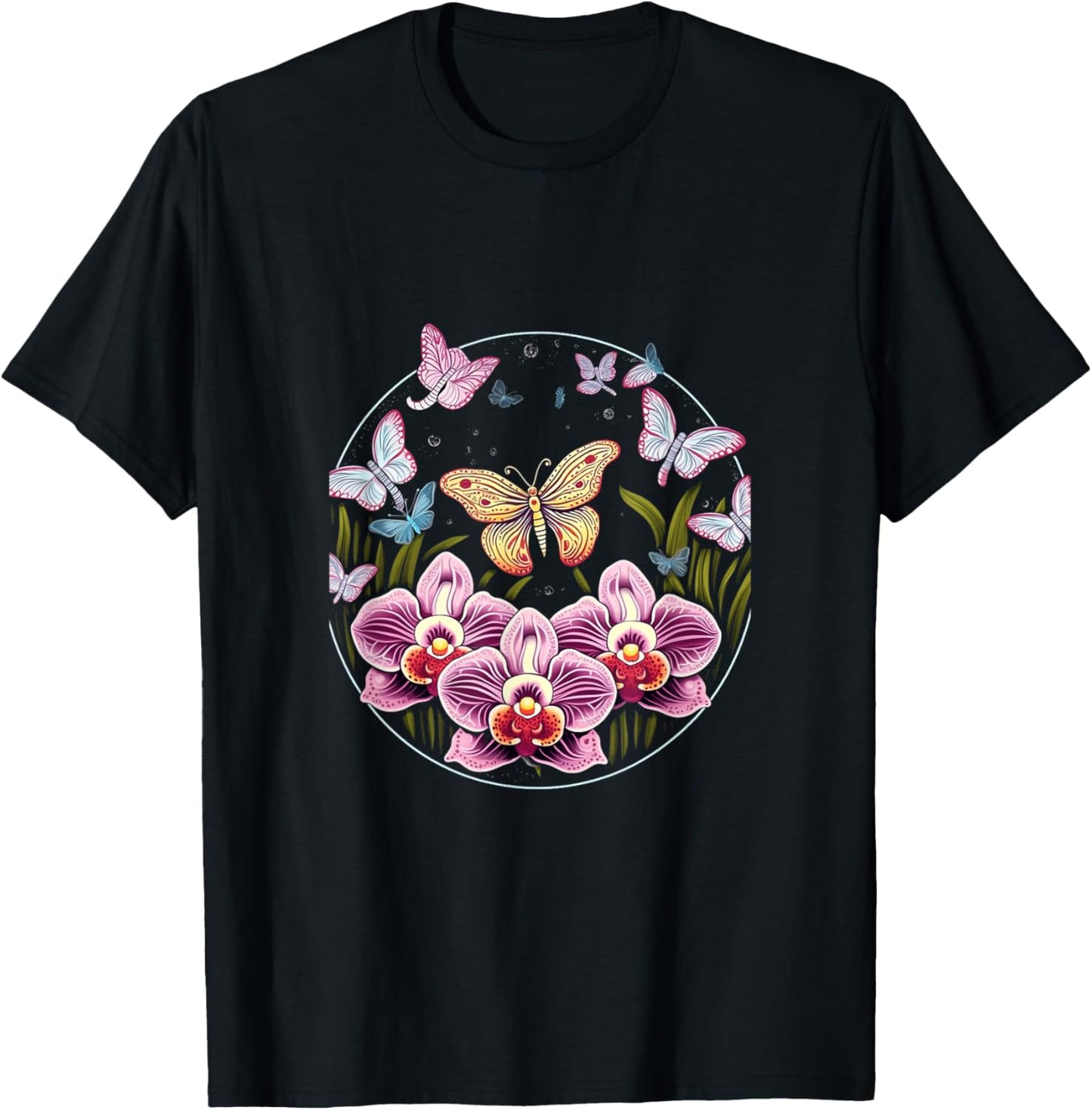 Orchids and Butterflies Butterfly Flower Orchid Plant Lovers T-Shirt - T-Shirt | Black