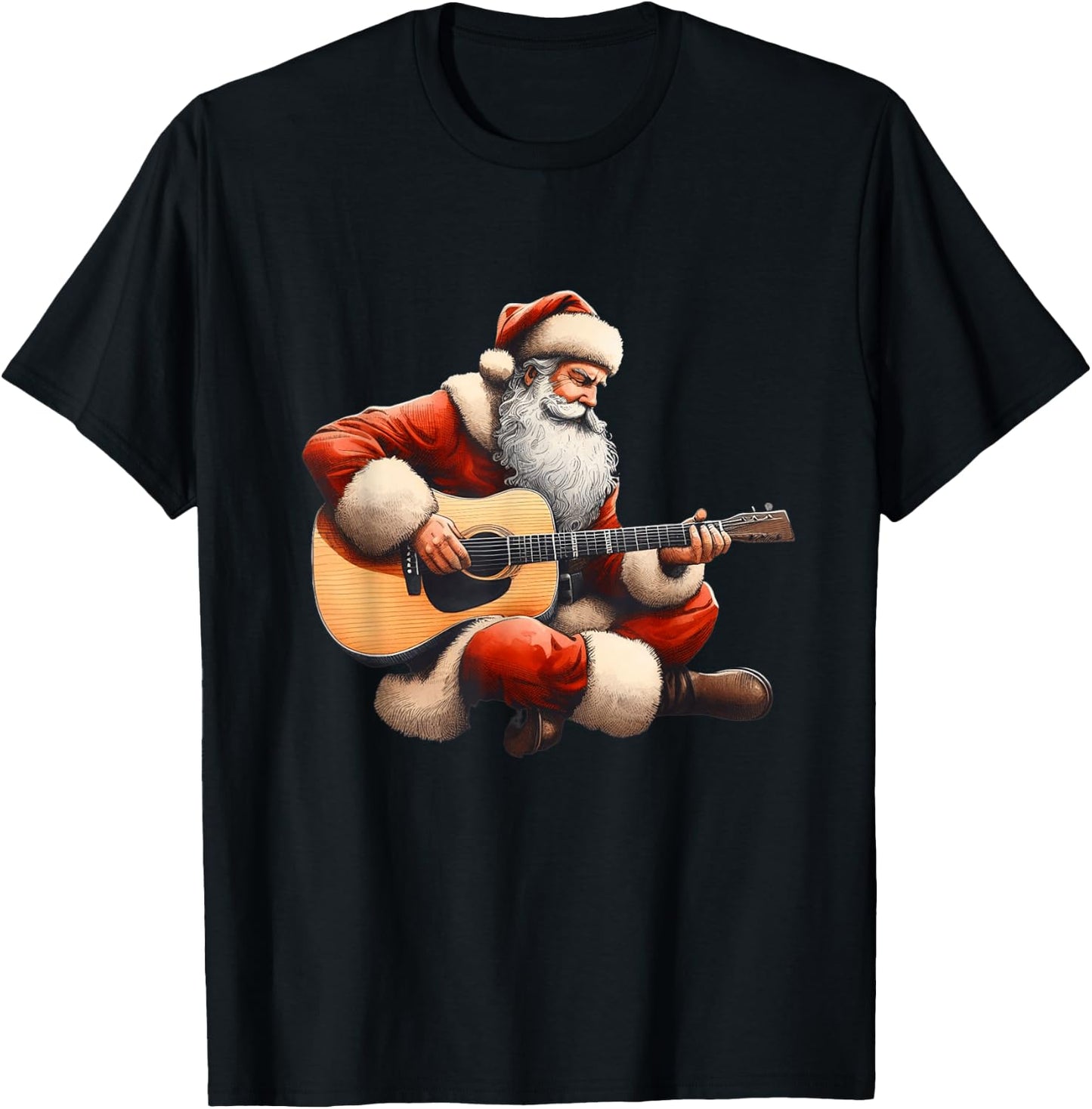 Guitarist Santa Cute Christmas Santa Playing Acoustic Guitar T-Shirt - T-Shirt | Black