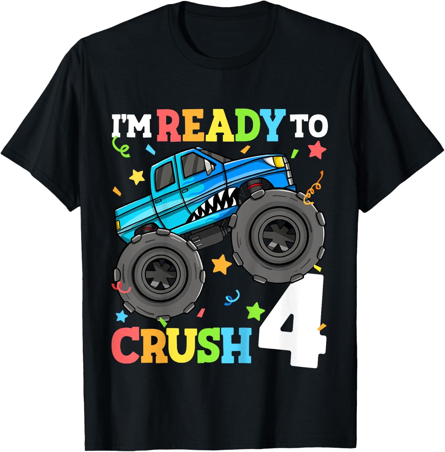 Kids Monster Truck Shark 4th Birthday Boy Toddler 4 Four Year Old T-Shirt - T-Shirt | Black
