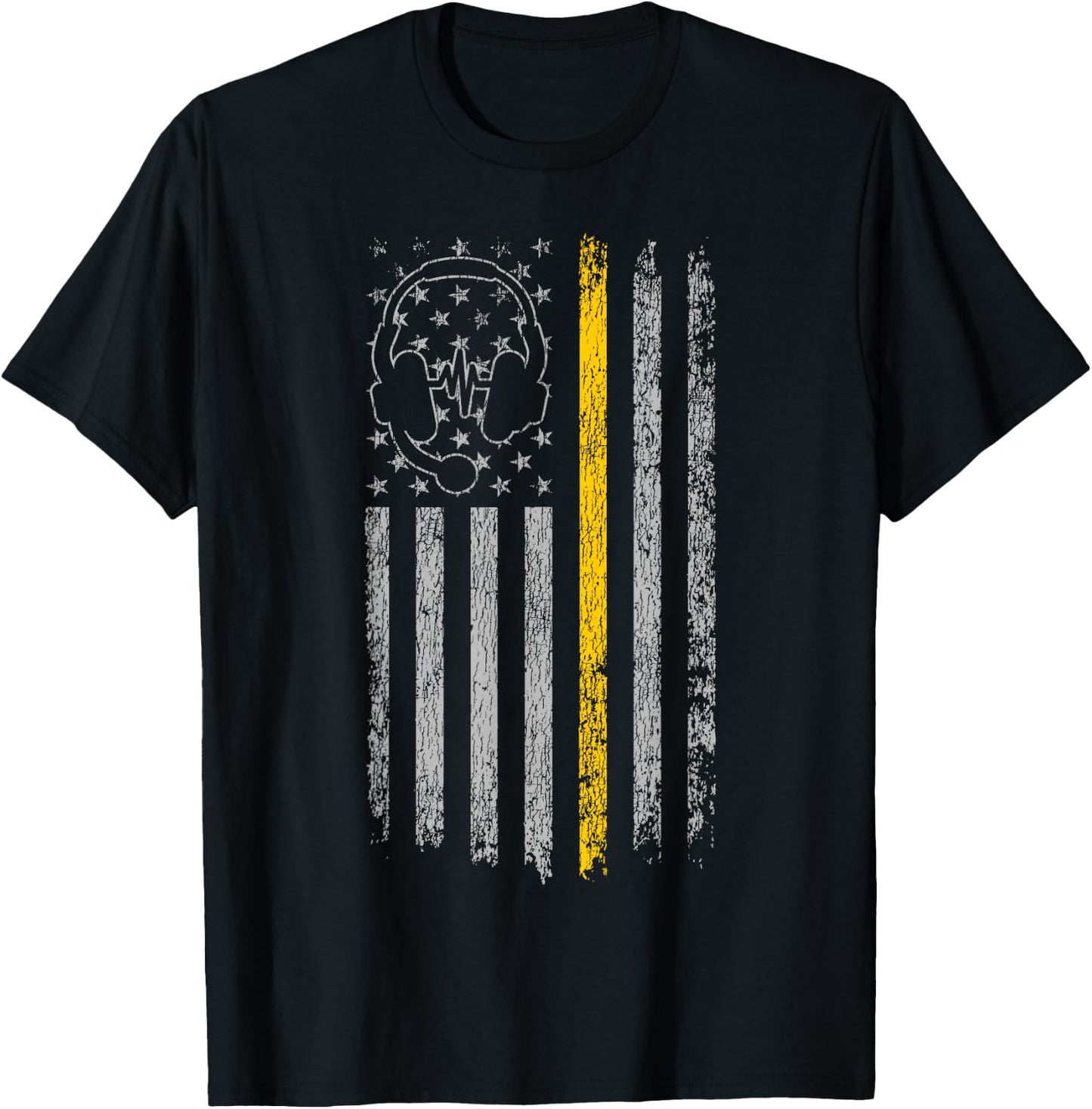 911 Police Dispatcher Job Appreciation HD0 911 Dispatcher Thin Gold Yellow Line American Flag T-Shirt - T-Shirt | Black