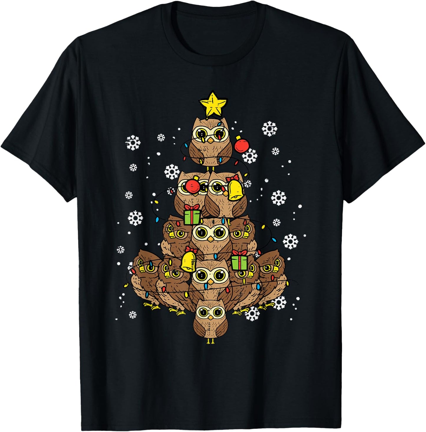 Owls Christmas Tree Cute Xmas Bird Animal Men Women Kids T-Shirt - T-Shirt | Black