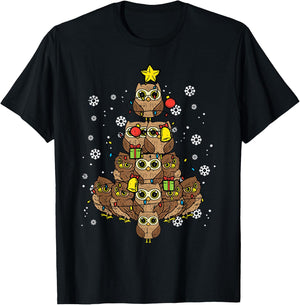 Owls Christmas Tree Cute Xmas Bird Animal Men Women Kids T-Shirt - T-Shirt | Black