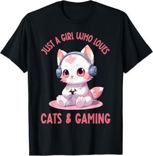 Just a Girl Who Loves Cats and Gaming Cute Kawaii Kitten T-Shirt - T-Shirt | Black